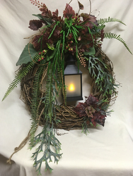 Flickering Lantern Botanical Wreath from Chillicothe Floral, local florist in Chillicothe, OH